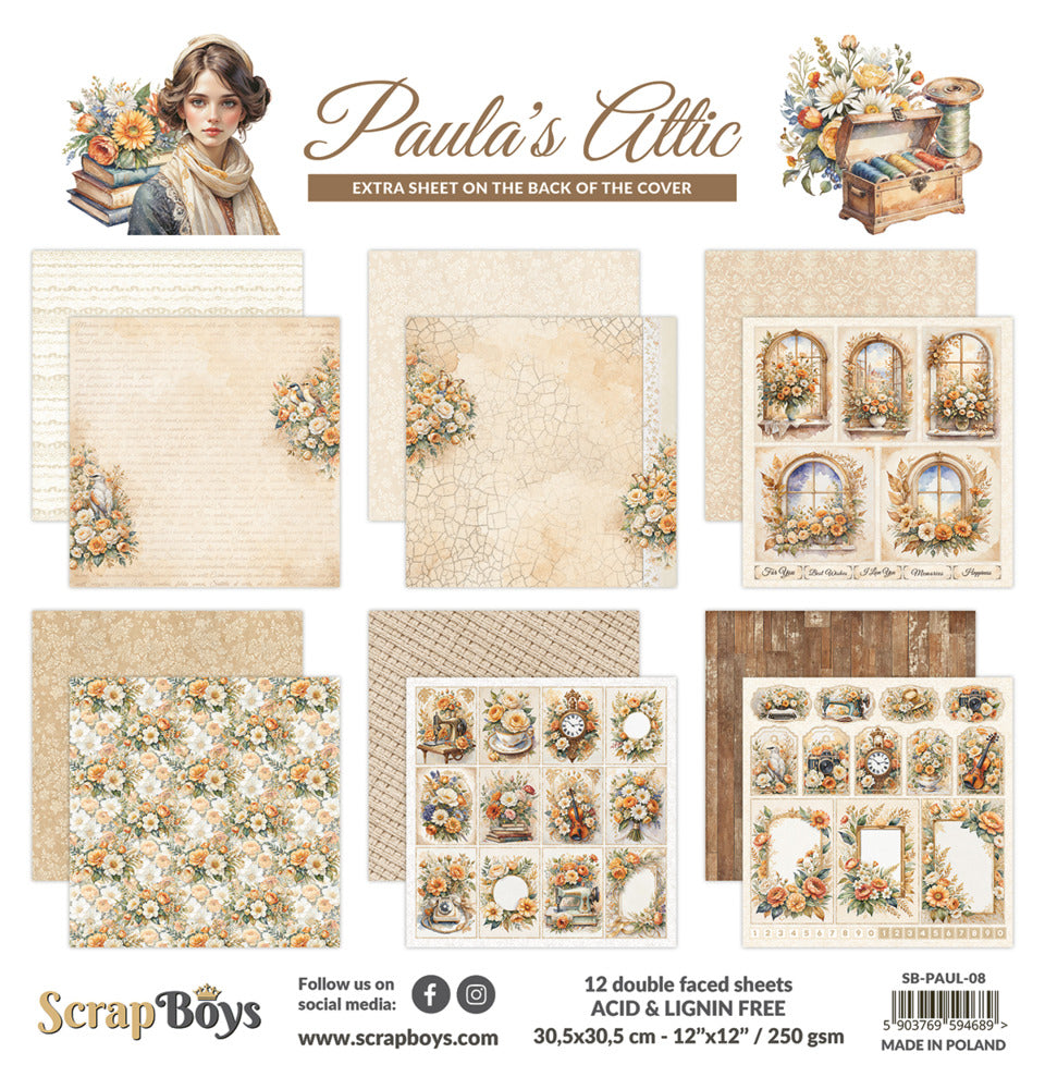 ScrapBoys - 12X12 Paper Pad - Paula's Attic. 12 sheets with bonus on the back of the cover - 250 gsm. Available at Embellish Away located in Bowmanville Ontario Canada.