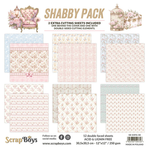 ScrapBoys - 12X12 Paper Pad - Shabby Pack. 12 sheets with 2 extra cutting sheets. Available at Embellish Away located in Bowmanville Ontario Canada.