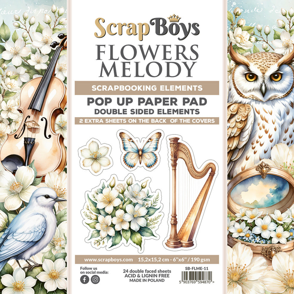 ScrapBoys - 6X6 Pop-up Paper Pad - Flowers Melody. Scrapbooking paper pad - 24 sheets with 2 bonus on the covers. At Embellish Away in Bowmanville Ontario Canada