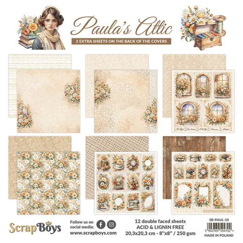 ScrapBoys - 8X8 Paper Pad - Paula's Attic. 12 sheets with 2 bonus on the back of the covers. Available at Embellish Away located in Bowmanville Ontario Canada.