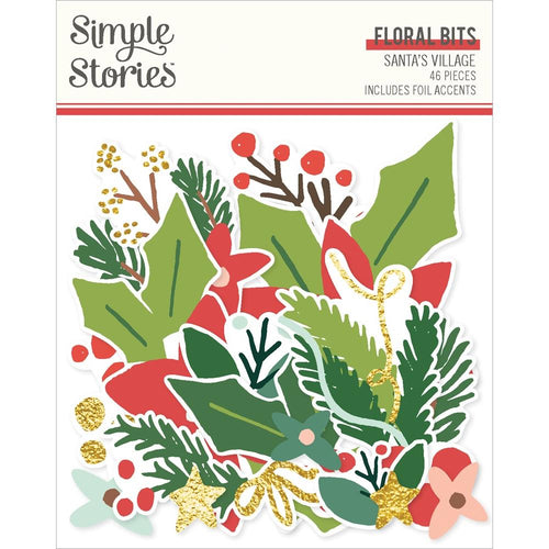 Simple Stories - Bits & Pieces - Floral - Santa's Village. Die-cuts are a great addition to scrapbook pages, greeting cards and more! The perfect embellishment for all your paper crafting needs! Contains 46 Die Cut Pieces with gold foil accents. Available at Embellish Away located in Bowmanville Ontario Canada.