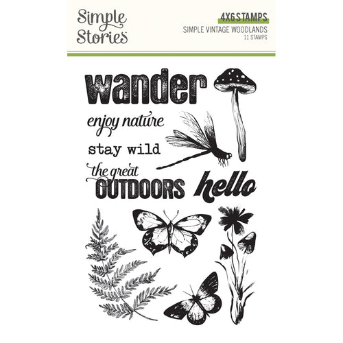 Simple Stories Clear Stamp Simple Vintage Woodlands. Photopolymer clear stamps; (11) stamps. Available at Embellish Away located in Bowmanville Ontario Canada.