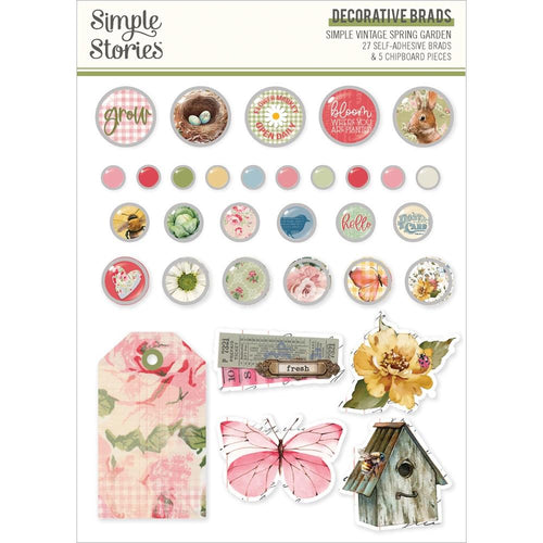 Simple Stories - Decorative Brads - Simple Vintage Spring Garden. Add unique embellishments to greeting cards, scrapbooking pages, mixed media and all your craft projects with decorative brads and chipboard pieces. Available at Embellish Away located in Bowmanville Ontario Canada.