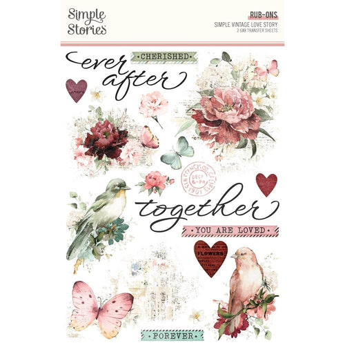 Simple Stories - Rub-Ons - Simple Vintage Love Story. Rub-on and transfer a beautiful design to transform your next piece into a work of art. This package contains two 6X8 inch sheets of rub-ons. Available at Embellish Away located in Bowmanville Ontario Canada.