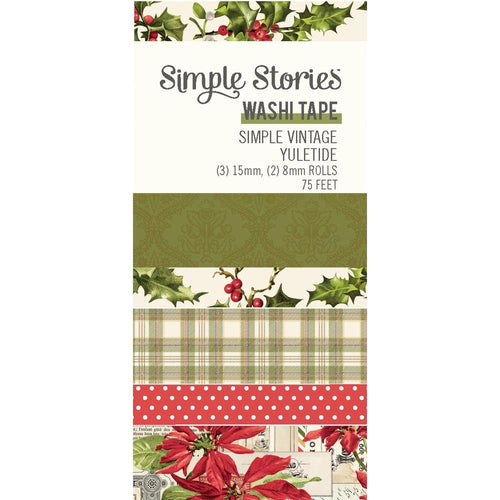 Simple Stories -  Washi Tape - 5 Pack - Simple Vintage Yuletide. This package of washi tape features 5 rolls. There are two 8mm wide rolls and three 15mm wide rolls. This tape can be used to decorate journals, planners, envelopes, and cards. Available at Embellish Away located in Bowmanville Ontario Canada.