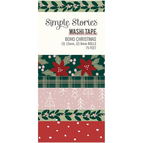 Simple Stories - Washi Tape - 5/Pkg - Boho Christmas. Washi tapes are multi purpose tapes that can be used to embellish journals, artwork, mixed media, greeting cards and more. It's the perfect material to decorate your paper or make borders. Available at Embellish Away located in Bowmanville Ontario Canada.