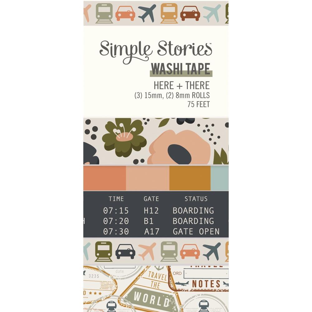 Simple Stories - Washi Tape - Here & There - 5/Pkg. This package of washi tape features five rolls. There are two 8 mm wide rolls and three 15 mm wide rolls. There are 75 feet of washi tape altogether. Available at Embellish Away located in Bowmanville Ontario Canada.