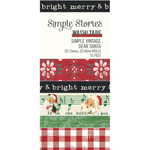 Simple Stories - Washi Tape 5/Pkg - Simple Vintage Dear Santa. Washi tapes are multi purpose tapes that can be used to embellish journals, artwork, mixed media, greeting cards and more Available at Embellish Away located in Bowmanville Ontario Canada.