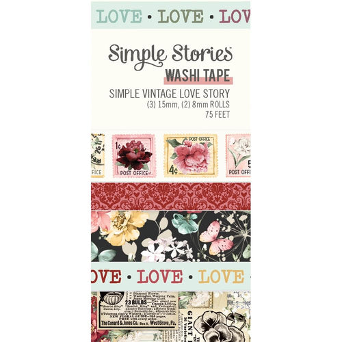 Simple Stories - Washi Tape - 5/Pkg - Simple Vintage Love Story. This package of washi tape features five rolls. There are two 8 mm wide rolls and three 15 mm wide rolls. There are 75 feet of washi tape altogether. Available at Embellish Away located in Bowmanville Ontario Canada.