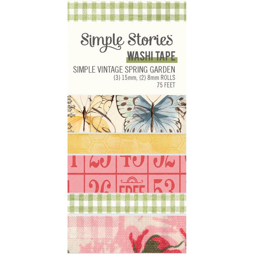 Simple Stories - Washi Tape - 5/Pkg - Simple Vintage Spring Garden. This package of washi tape features five rolls. There are two 8mm wide rolls and three 15mm wide rolls. There are 75 feet of washi tape altogether. Available at Embellish Away located in Bowmanville Ontario Canada.