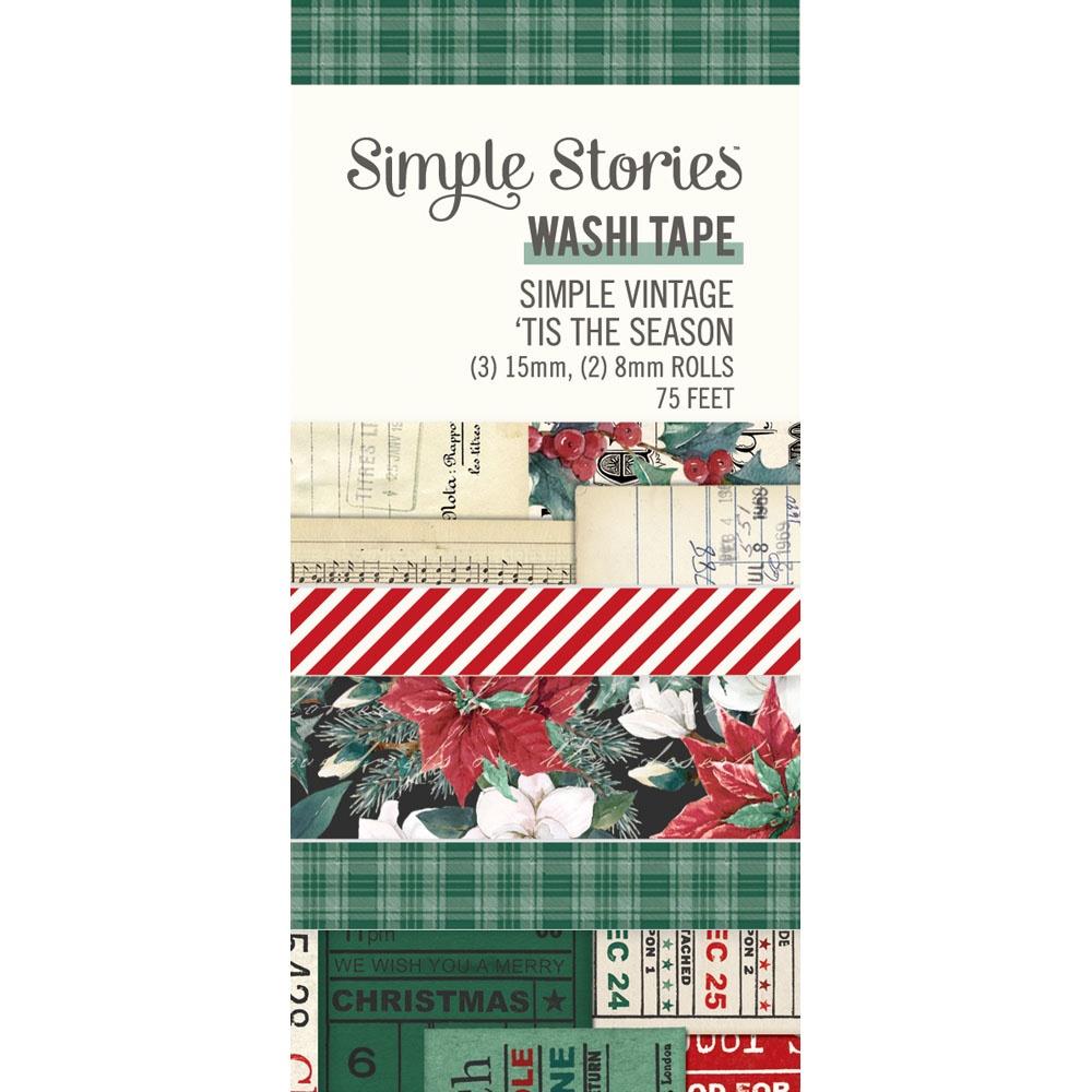 Simple Stories - Washi Tape 5/Pkg - Simple Vintage 'Tis The Season. Washi tapes are multi purpose tapes that can be used to embellish journals, artwork, mixed media, greeting cards and more.  Available at Embellish Away located in Bowmanville Ontario Canada.