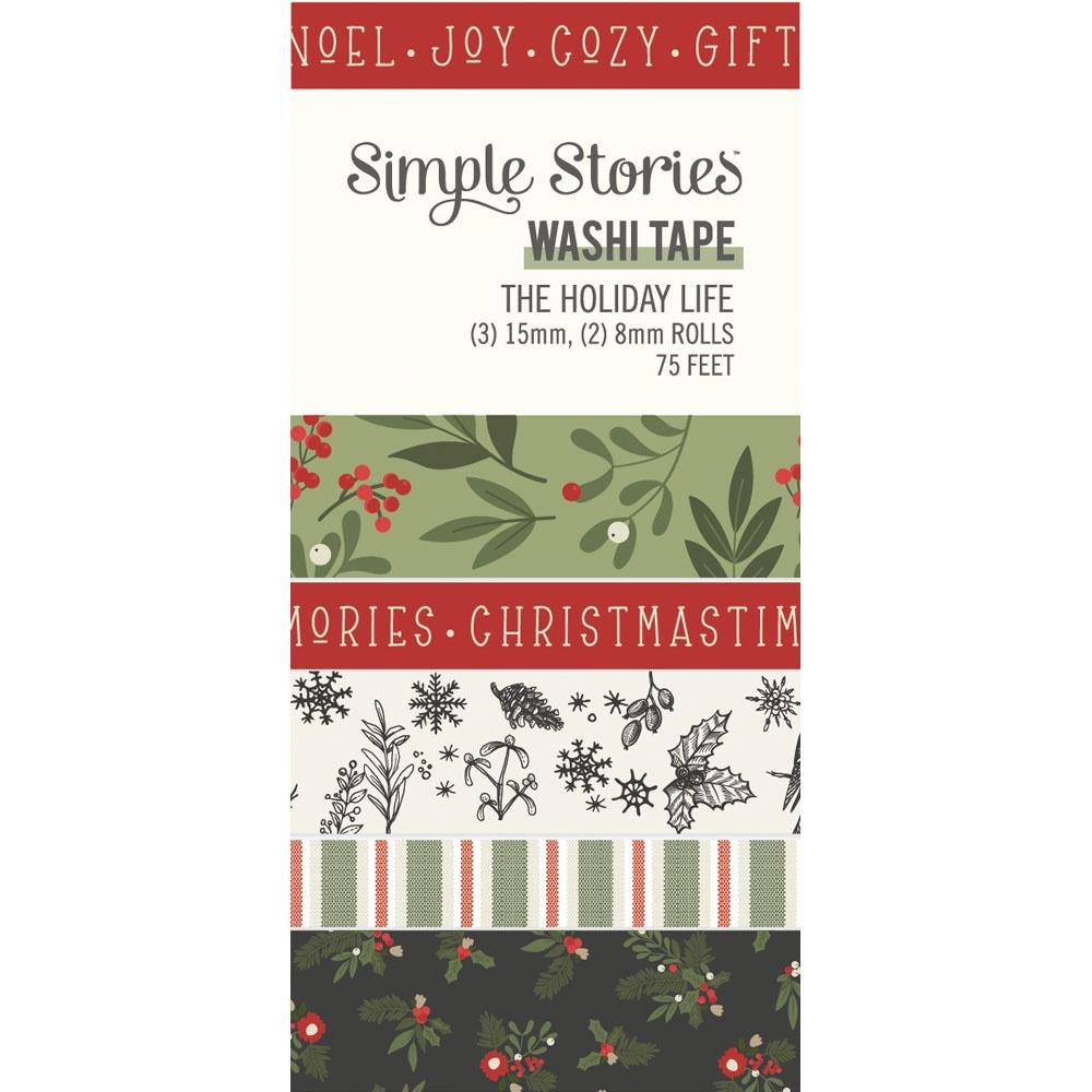 Simple Stories - Washi Tape 5/Pkg - The Holiday Life. Washi tapes are multi purpose tapes that can be used to embellish journals, artwork, mixed media, greeting cards and more.  Available at Embellish Away located in Bowmanville Ontario Canada.