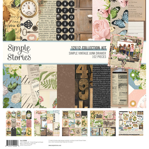 Simple Stories - 12X12 Collection Kit - Simple Vintage Junk Drawer. 12 sheets of double-sided 12x12; 102 pcs. At Embellish Away in Bowmanville Ontario Canada.