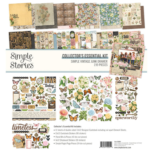 Simple Stories - 12X12 Collector's Essential Kit - Simple Vintage Junk Drawer. Includes 199 pcs. Available at Embellish Away in Bowmanville Ontario Canada.