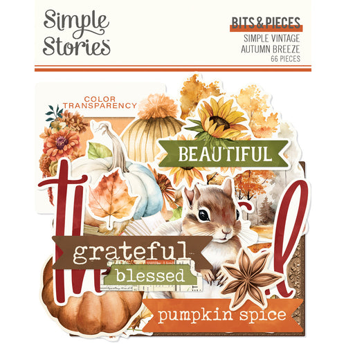Simple Stories - Bits & Pieces - Simple Vintage Autumn Breeze. 66 Die Cut Cardstock Pieces. Available at Embellish Away in Bowmanville Ontario Canada.