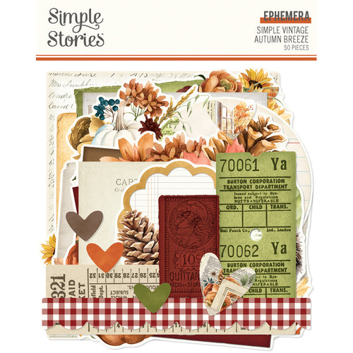 Simple Stories - Ephemera - Simple Vintage Autumn Breeze. 50 Large Die Cut Cardstock Pieces. Available at Embellish Away in Bowmanville Ontario Canada.