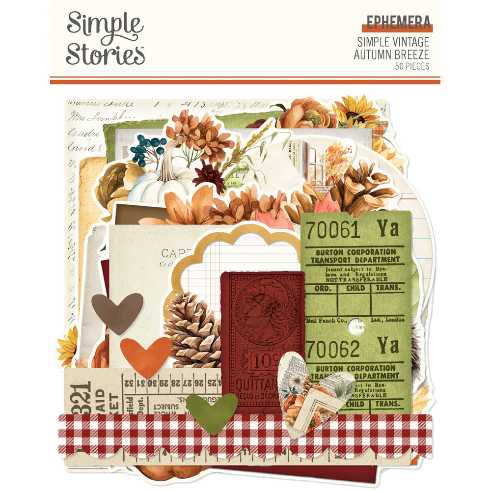 Simple Stories - Ephemera - Simple Vintage Autumn Breeze. 50 Large Die Cut Cardstock Pieces. Available at Embellish Away in Bowmanville Ontario Canada.