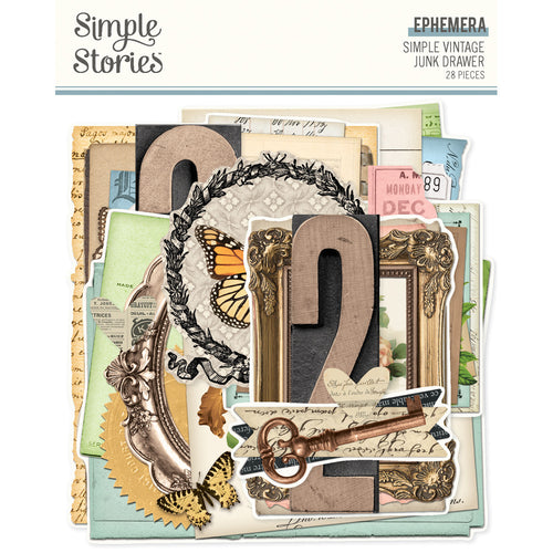 Simple Stories - Ephemera - Simple Vintage Junk Drawer. 28 Large Die Cut Cardstock Pieces. Available at Embellish Away in Bowmanville Ontario Canada.