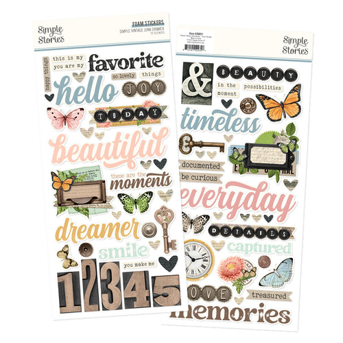 Simple Stories - Foam Stickers - Simple Vintage Junk Drawer. 72 Foam Stickers. Available at Embellish Away in Bowmanville Ontario Canada.