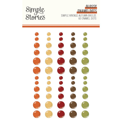 Simple Stories Glossy Enamel Dots Simple Vintage Autumn Breeze. 60 pieces - 5 colors | 3 sizes, 4 of each size. At Embellish Away in Bowmanville Ontario Canada.