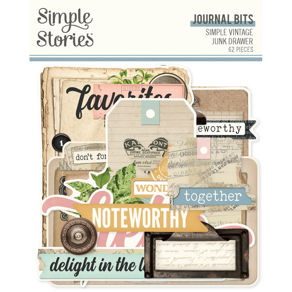 Simple Stories - Journal Bits & Pieces - Simple Vintage Junk Drawer. 62 Die Cut Cardstock Pieces. Available at Embellish Away in Bowmanville Ontario Canada.