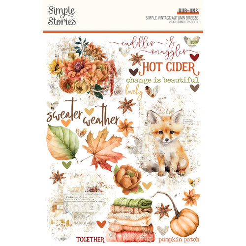 Simple Stories - Rub Ons - Simple Vintage Autumn Breeze. Rub-On Transfers on Two 6x8 Sheets. Available at Embellish Away in Bowmanville Ontario Canada.
