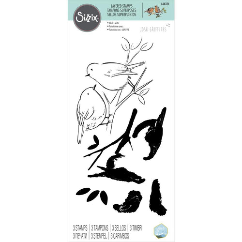 Sizzix - Layered Clear Stamps By Josh Griffiths - Garden Birds. Watch these two content characters perched on their branch come to life as you use this Layered Stamp set. Change the colours to create different kinds of birds for all year round. Available at Embellish Away located in Bowmanville Ontario Canada.