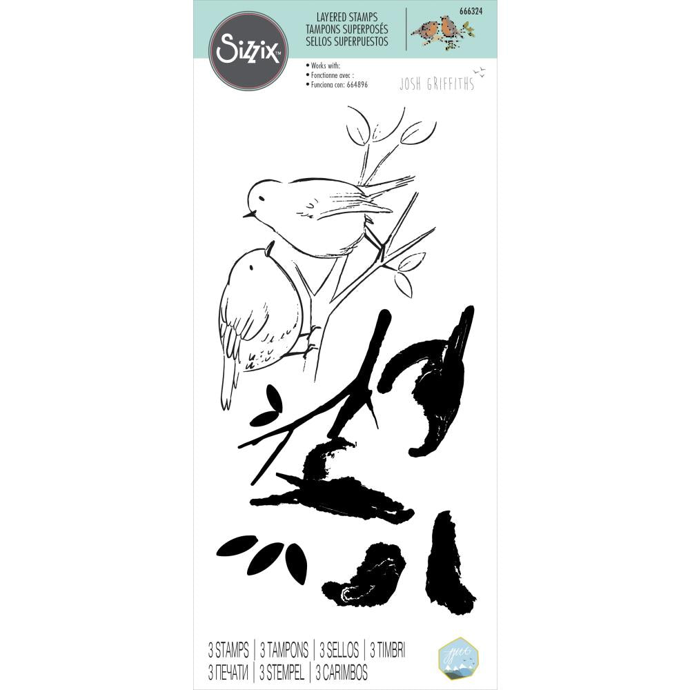 Sizzix - Layered Clear Stamps By Josh Griffiths - Garden Birds. Watch these two content characters perched on their branch come to life as you use this Layered Stamp set. Change the colours to create different kinds of birds for all year round. Available at Embellish Away located in Bowmanville Ontario Canada.