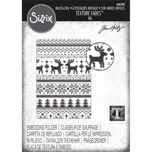 Sizzix - Multi-Level Texture Fades Embossing Folder - By Tim Holtz - Holiday Knit. Tim Holtz is a signature product designer for various companies in the craft industries. Available at Embellish Away located in Bowmanville Ontario Canada.