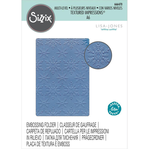 Sizzix - Multi-Level Textured Impressions Embossing Folder -  By Lisa Jones -  Snowflake Sparkle. Snowflake Sparkle by Lisa Jones, is a Multi-Level Embossing Folder which is perfect for creating an embossed snowflake motif on festive papercrafts. Available at Embellish Away located in Bowmanville Ontario Canada.