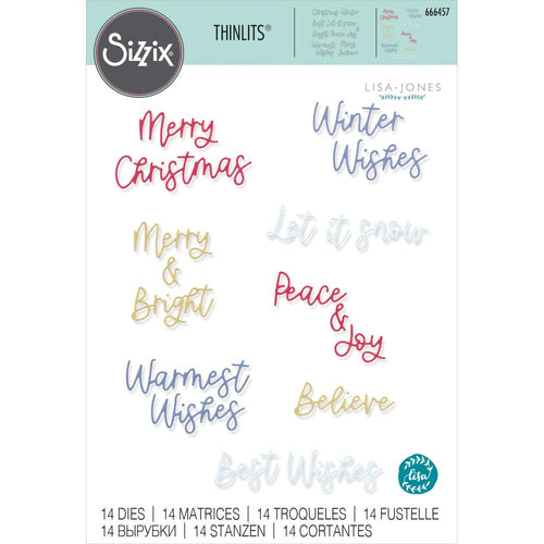 Sizzix - Thinlits Dies By Lisa Jones - 14/Pkg - Variety Sentiments #2. Perfect for adding greetings to cards and gift tags and with phrases from Merry Christmas and Let it Snow to Best Wishes and Believe. Available at Embellish Away located in Bowmanville Ontario Canada.