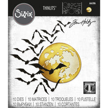 Cargar imagen en el visor de la galería, Sizzix - Thinlits Dies By Tim Holtz - 10/Pkg - Moonlight. This delicately detailed moon and silhouette bats in different sizes will allow you to create beautiful papercraft projects this Halloween. Available at Embellish Away located in Bowmanville Ontario Canada.
