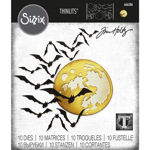 Sizzix - Thinlits Dies By Tim Holtz - 10/Pkg - Moonlight. This delicately detailed moon and silhouette bats in different sizes will allow you to create beautiful papercraft projects this Halloween. Available at Embellish Away located in Bowmanville Ontario Canada.