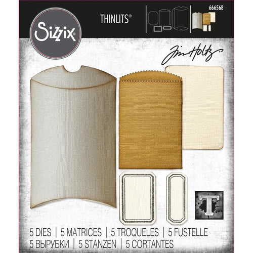 Sizzix - Thinlits Dies By Tim Holtz - 5/Pkg - Vault Pillow Box + Bag. These dies are compatible with leading die cutting machines (sold separately). These dies are designed to cut through paper, cardstock, and other thin materials. Available at Embellish Away located in Bowmanville Ontario Canada.