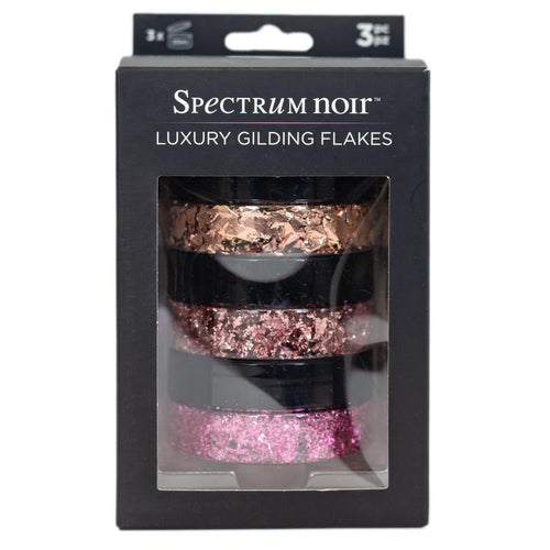 Spectrum Noir - Luxury Gilding Flakes 50ml - 3/Pkg - Blush. Get ready to glow with Spectrum Noir Luxury Gilding Flakes! Each flake is packed with high shine and rich, opulent color to give your creations a luxurious, metallic lift. Available at Embellish Away located in Bowmanville Ontario Canada.
