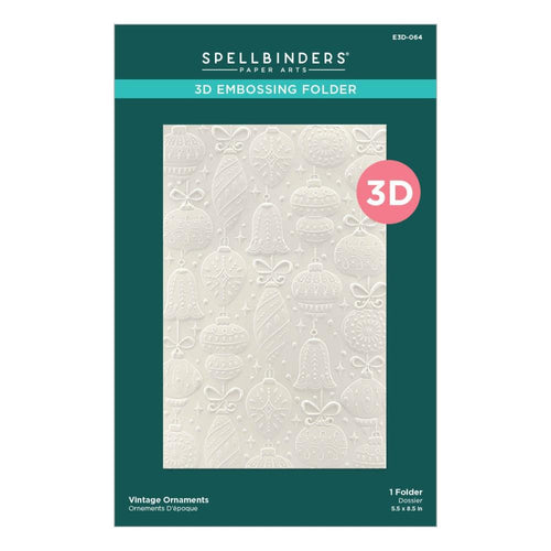 Spellbinders - 3D Embossing Folder - Vintage Ornaments. Vintage Ornaments 3D Embossing Folder. is a 5.50 x 8.50-inch embossing folder with a background full of nostalgic ornament shapes! Available at Embellish Away located in Bowmanville Ontario Canada.
