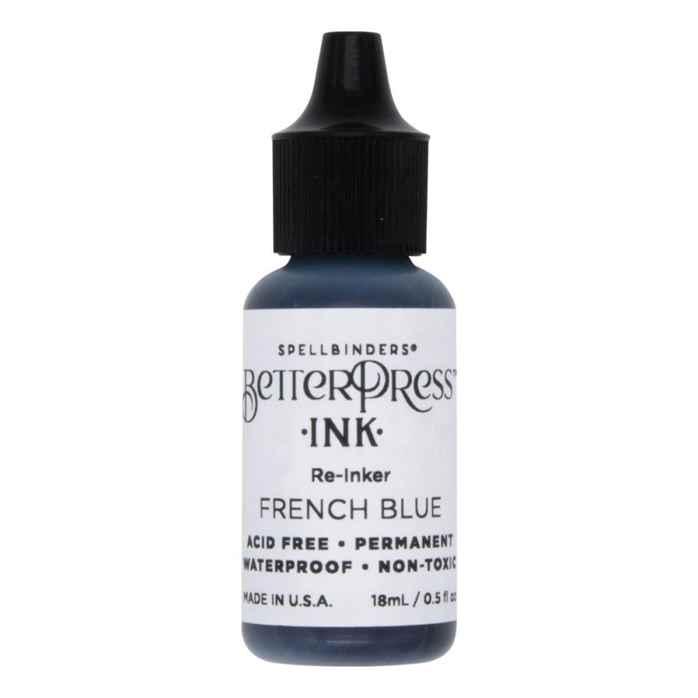 Spellbinders - BetterPress - Ink Reinker - Select from Drop Down. To reink, simply add a few drops of ink from the reinker bottle onto the ink pad and spread evenly. Available at Embellish Away located in Bowmanville Ontario Canada. French Blue