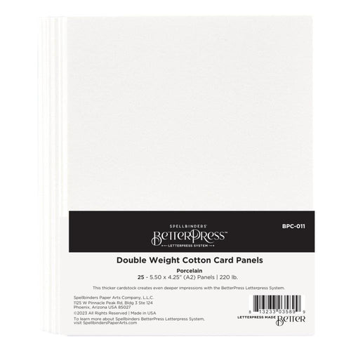Spellbinders - BetterPress Letterpress - A2 Double Weight Panels - Porcelain - 25/Sheets. BetterPress Double Weight Card Panels A2 Porcelain comes in a pack of 25 A2 (4.25 x 5.5 inch) panels in a brilliant white color. Available at Embellish Away located in Bowmanville Ontario Canada.