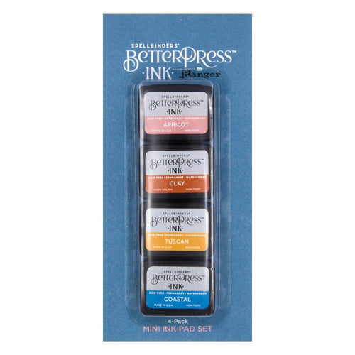 Spellbinders - BetterPress Letterpress Mini Ink Pad Set - 4/Pkg - Desert Sunset. Desert Sunset BetterPress Ink Mini Set includes four 1.25 x 1.75-inch ink pad colors of Apricot, Clay, Tuscan, and Coastal. Available at Embellish Away located in Bowmanville Ontario Canada.