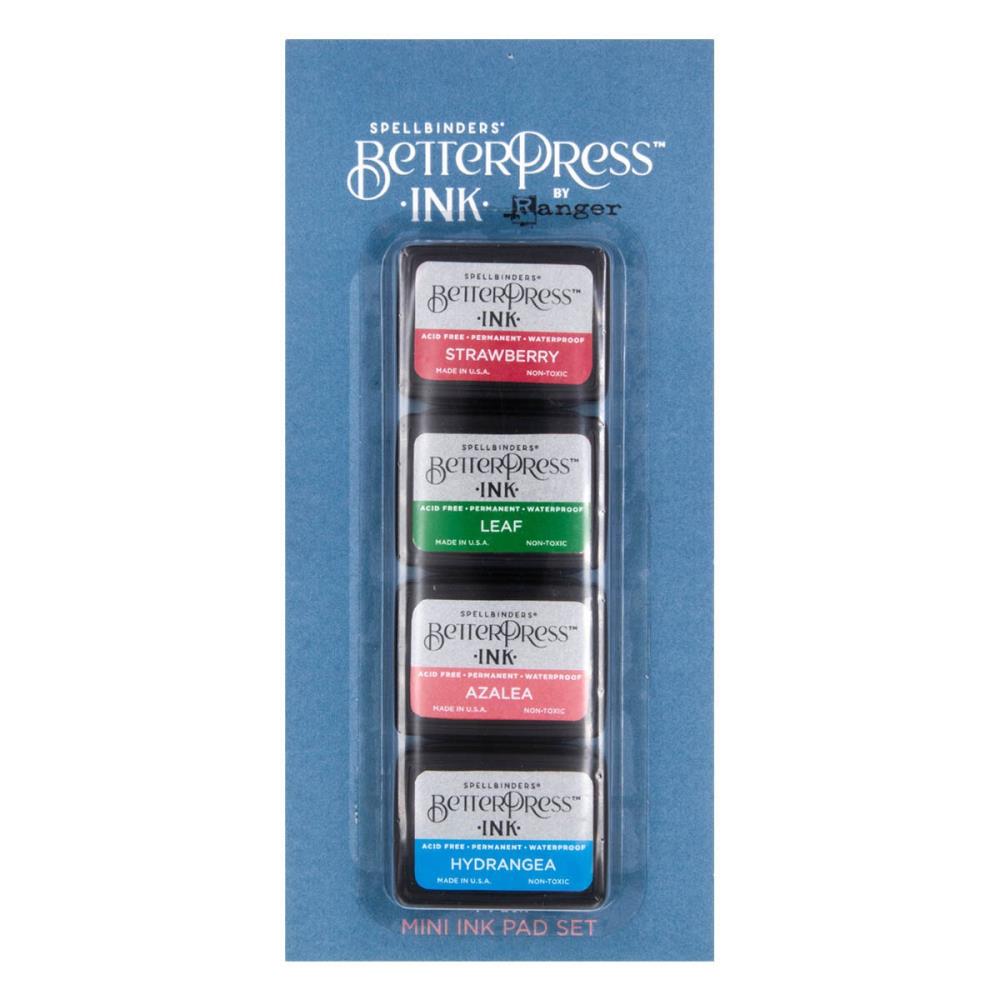 Spellbinders - BetterPress Letterpress Mini Ink Pad Set - 4/Pkg - Flower Garden. Flower Garden BetterPress Ink Mini Set includes four 1.25 x 1.75-inch ink pad colors of Strawberry, Leaf, Azalea, and Hydrangea. Available at Embellish Away located in Bowmanville Ontario Canada.
