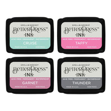 Load image into Gallery viewer, Spellbinders - BetterPress Letterpress Mini Ink Pad Set - 4/Pkg - Jet Set. Jet Set BetterPress Ink Mini Set includes four 1.25 x 1.75-inch ink pads in colors of Garnet, Taffy, Cruise, and Thunder for rich, vibrant hues reminiscent of summer vacations. Available at Embellish Away located in Bowmanville Ontario Canada.
