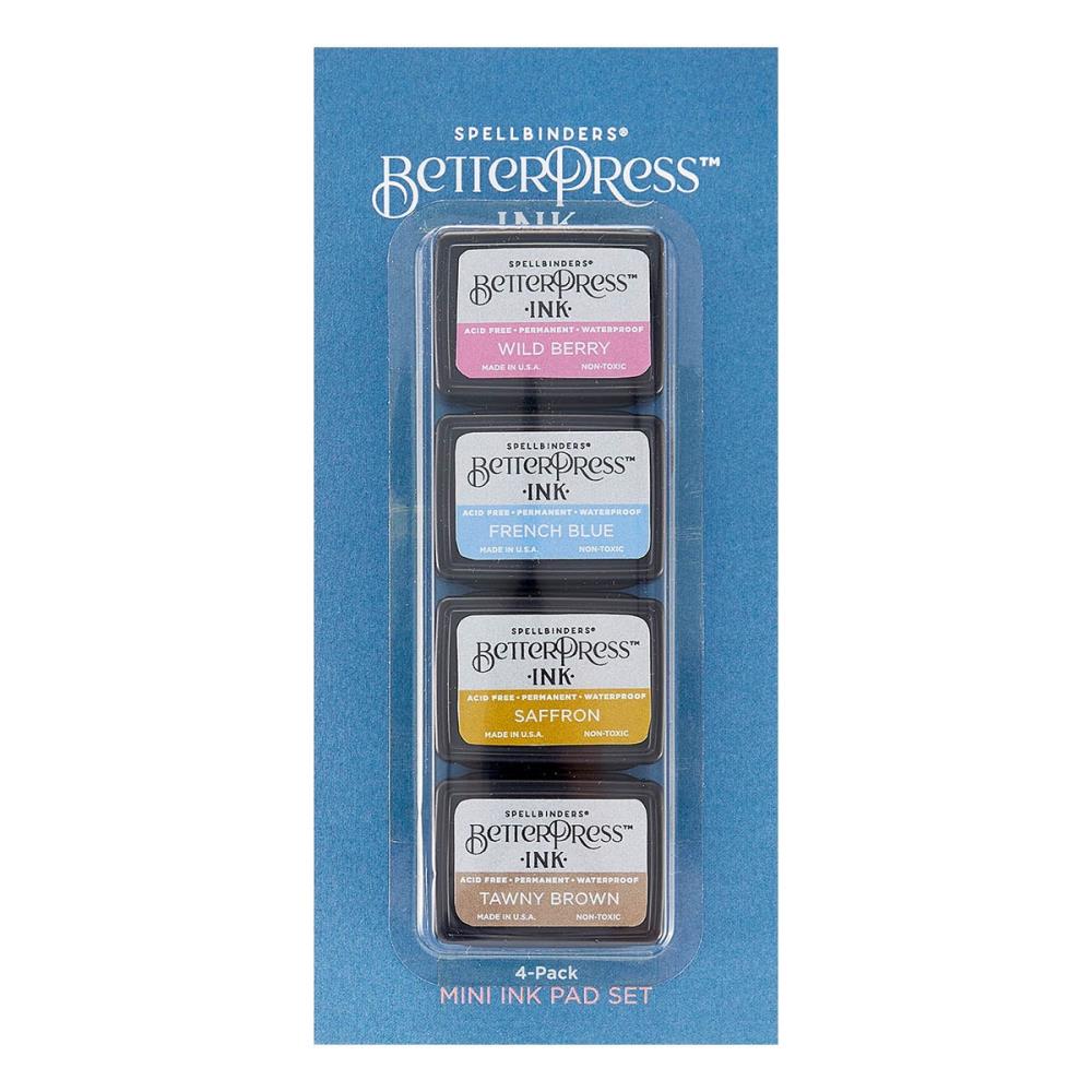 Spellbinders - BetterPress Letterpress Mini Ink Pad Set - 4/Pkg - Nature Tones. BetterPress Ink Nature Tones Mini 4-Pack Set includes four 1.25 x 1.75-inch ink pad colors of Wild Berry, French Blue, Saffron, and Tawny Brown. Available at Embellish Away located in Bowmanville Ontario Canada.