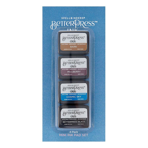 Spellbinders - BetterPress Letterpress Mini Ink Pad Set - 4/Pkg - Regal Tones. BetterPress Ink Regal Tones Mini 4-Pack Set includes four 1.25 x 1.75-inch ink pad colors of Bark, Mulberry, Cosmic Sky, and BetterPress Black. Available at Embellish Away located in Bowmanville Ontario Canada.