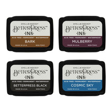 Load image into Gallery viewer, Spellbinders - BetterPress Letterpress Mini Ink Pad Set - 4/Pkg - Regal Tones. BetterPress Ink Regal Tones Mini 4-Pack Set includes four 1.25 x 1.75-inch ink pad colors of Bark, Mulberry, Cosmic Sky, and BetterPress Black. Available at Embellish Away located in Bowmanville Ontario Canada.
