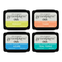 Load image into Gallery viewer, Spellbinders - BetterPress Letterpress Mini Ink Pad Set - 4/Pkg - Tropical. Tropical Ink Mini Set includes four 1.25 x 1.75-inch ink pads in the colors of Peridot, Tiger, Teal Topaz, and Azure for a set that conjures sunny days and ocean vistas. Available at Embellish Away located in Bowmanville Ontario Canada.
