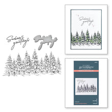 Load image into Gallery viewer, Spellbinders - BetterPress Letterpress Press Plates &amp; Die Set - Seasons Greetings Evergreens. A set of two press plates and one thin metal cutting die. The largest press plate is a line of beautiful evergreen trees which makes a beautiful border. Available at Embellish Away located in Bowmanville Ontario Canada.
