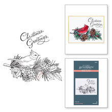 Load image into Gallery viewer, Spellbinders - BetterPress Letterpress System Press Plate - Christmas Greetings. . The set of two press plates includes a beautiful detailed bird perched on a pinecone branch and a hand scripted Christmas Greetings sentiment for an amazing focal point. Available at Embellish Away located in Bowmanville Ontario Canada.
