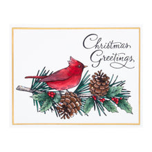 Cargar imagen en el visor de la galería, Spellbinders - BetterPress Letterpress System Press Plate - Christmas Greetings. . The set of two press plates includes a beautiful detailed bird perched on a pinecone branch and a hand scripted Christmas Greetings sentiment for an amazing focal point. Available at Embellish Away located in Bowmanville Ontario Canada. Example by brand ambassador.
