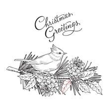 Cargar imagen en el visor de la galería, Spellbinders - BetterPress Letterpress System Press Plate - Christmas Greetings. . The set of two press plates includes a beautiful detailed bird perched on a pinecone branch and a hand scripted Christmas Greetings sentiment for an amazing focal point. Available at Embellish Away located in Bowmanville Ontario Canada.
