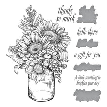 Load image into Gallery viewer, Spellbinders - BetterPress Plate &amp; Die Set - Sunflower Bouquet Press. Sunflower Bouquet Press Plate &amp; Die Set is part of the Sentiments for All Seasons Collection and comes with a lovely sunflower bouquet in a container press plate. Available at Embellish Away located in Bowmanville Ontario Canada.
